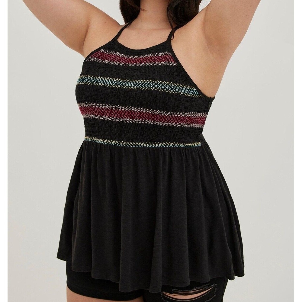 Torrid Halter Top Womens 2 Babydoll Black Smocked Embroidered EUC